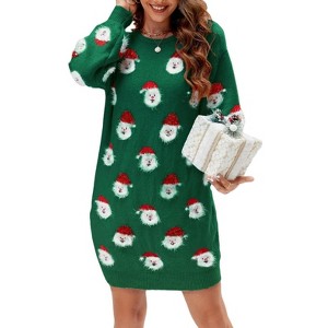 BLUEMING Women's Santa Head Knit Dress Long Sleeve Knee-Length Fur-Trimmed Hem Holiday Party Sweater Dress - 1 of 4