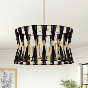 Rennnsan Mossen 24" W 6 -Light Woven Ratten Dimmable Bohemian Drum Shaded Chandelier in Ivory White & Black - 1 of 4