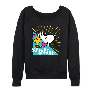 Women's - Peanuts - Snoopy Woodstock Stylin Lightweight French Terry Wide Neck Long Sleeve Shirt - 1 of 4