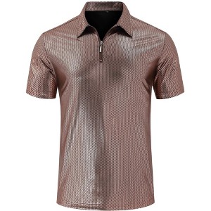 Mens Shirt Zip Polo Shirts Short Sleeve Shiny Shirt Outfits Party Costume Top - 1 of 4