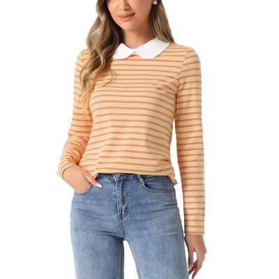 INSPIRE CHIC Women's Long Sleeves Contrast Peter Pan Collar Striped Blouse Top