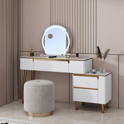 ELECWISH 23.6" Round LED Vanity Mirror with Stand - 3-Color Touch Control, 10X Magnifier, USB Port, Wall Mountable, White