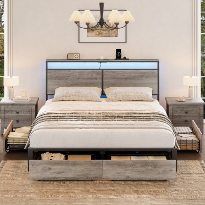 WOWLIVE Queen/Full/King Size Bed Frame with 4 Drawers, Modern bed with LED Light and Charging Station, Storage Headboard, HB00