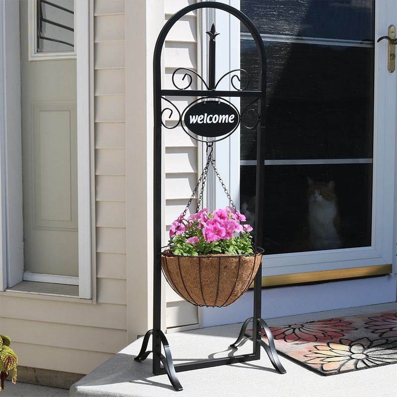Sunnydaze Indoor/Outdoor Iron Construction Decorative Welcome Sign and Coco Grass Liner Hanging Basket Planter Stand - 48" H - Black, 2 of 10
