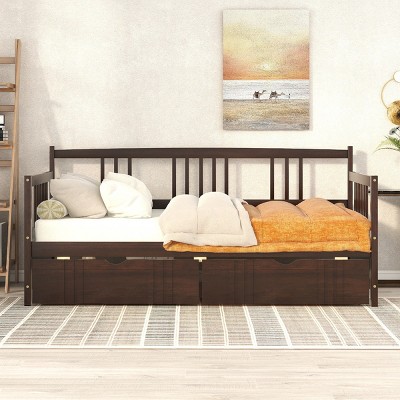 Twin Size Daybed with Storage Drawers and Guard Rails, Solid Pine Wood Sofa Bed for Bedroom or Living Room-Baofuwish