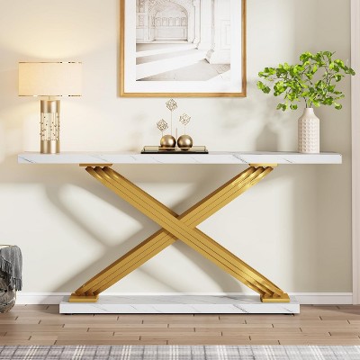 55" White Faux Marble and Gold Metal Console Table