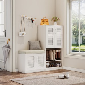47" Shoe Cabinet Bench with Cushion, Adjustable Shelves and Louvered Doors, Modern Entryway Storage for Mudroom Hallway-3irtyhousy - 1 of 4