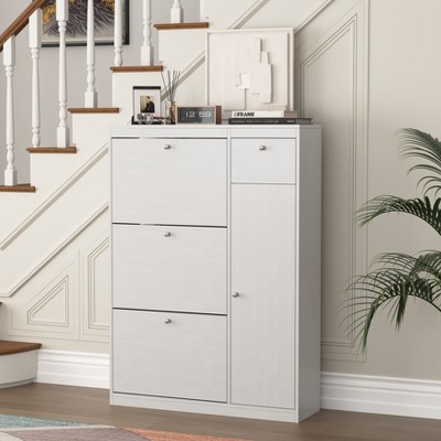 Okak Modern Shoe Cabinet with 3 Flip Drawers & Adjustable Storage Shelves, Freestanding Wooden Shoe Organizer with Top Drawer for Entryway, White