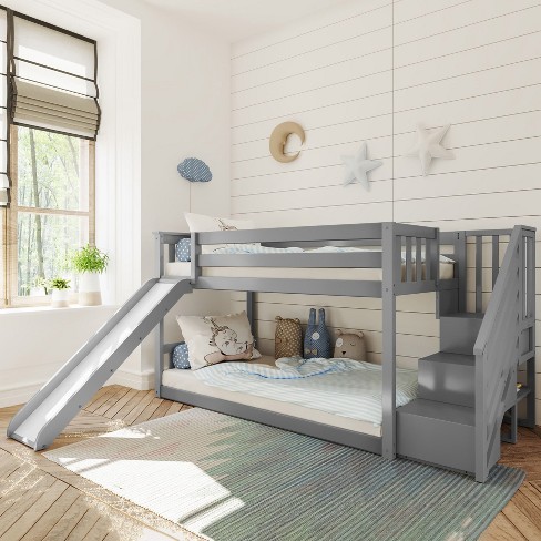 Max and Lily Solid Wood Twin Over Twin L Shape Bunk Bed With Bookcase In  Grey Finish