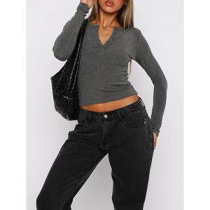 Women's V-Neck Button Down Blouse Casual Long Sleeve Slim Fit Shirt - 1 of 4