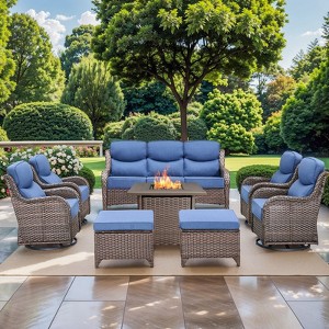 Gymojoy 8 Pieces Outdoor Patio Wicker Sofa Swivel Chair Ottoman with 6 Inch Cushions and Fire Pit Table - 1 of 4