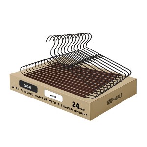 BP4U S-Shaped Metal Coat Hangers with Wooden Pants Bar, Reinforced Wire Hangers for Suits, Jackets, Sweaters, Jeans & Dresses - Black/White - 1 of 4