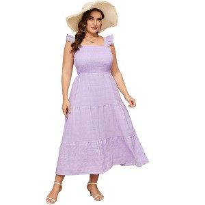 Coolmee Women's Summer Flying Sleeves Maxi Dress Square Neck Smocked Tiered Ruffle A Line Long Flowy Beach Dresses - 1 of 4