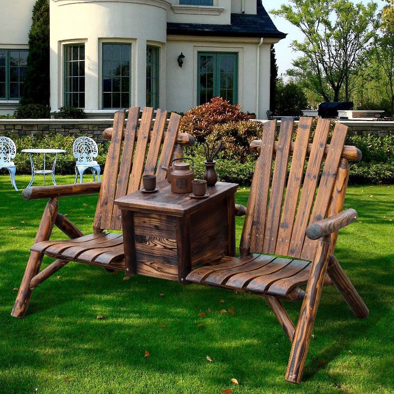 Outsunny Wooden Double Adirondack Chair Loveseat with Inset Ice Bucket, Table, Rustic Look, & Weather-Resistant Varnish, 3 of 10