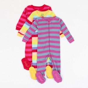 Leveret Girls Cotton Baby Footed Pajamas – 3 Pack – Bright Girl Stripes Sleepers - 1 of 4