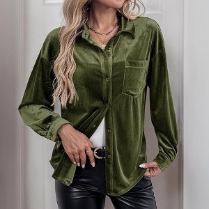 Coolmee Women's Velvet Shirts Long Sleeve Button Down Casual  Winter Tops - 1 of 4