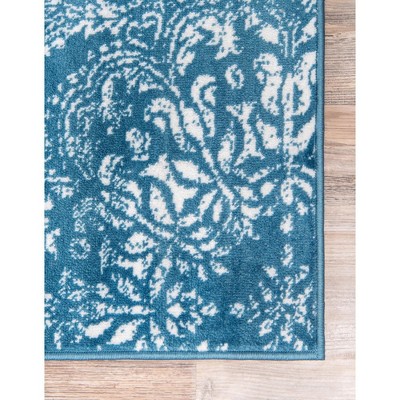 Blue Floral Synthetic Easy Care Runner Rug