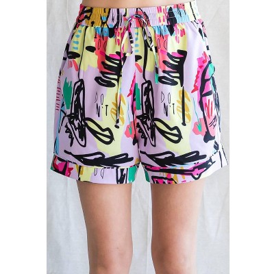Women's Print Shorts With Drawstring Waistline Cuffed Hems - Jodifl