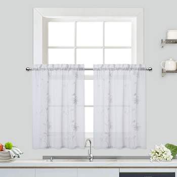 Floral Embroidered Voile Sheer Short Kitchen Curtains for Small Windows Bathroom