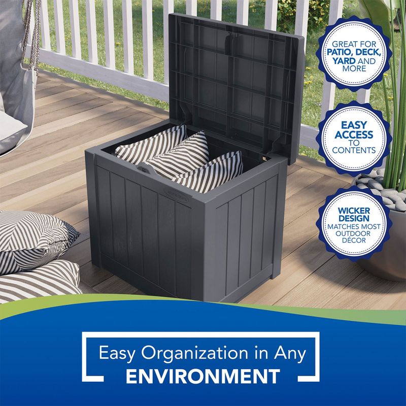 Suncast 22-Gallon Indoor or Outdoor Backyard Patio Small Storage Deck Box with Attractive Bench Seat and Reinforced Lid, Cyberspace (3 Pack), 4 of 7