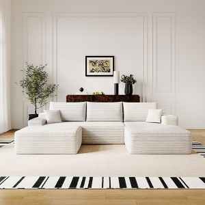 107 inch Plush Corduroy Fabric White Cloud Sectional Sofa Comfort U Shaped Sofa with 1 Ottoman for Living Room - 1 of 4