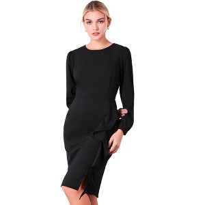 Hobemty Women's Wear to Work Round Neck Bracelet Sleeve Ruffle Front Pencil Dress - 1 of 4
