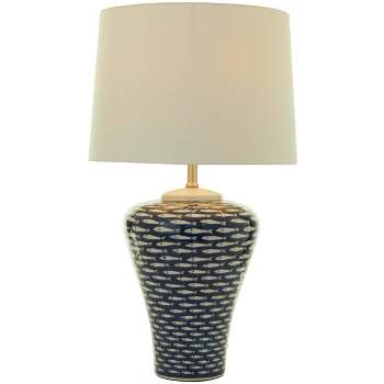 29" x 15" Table Lamp with Drum Shade and Ceramic Fish Gourd Style Base Dark Blue - Olivia & May