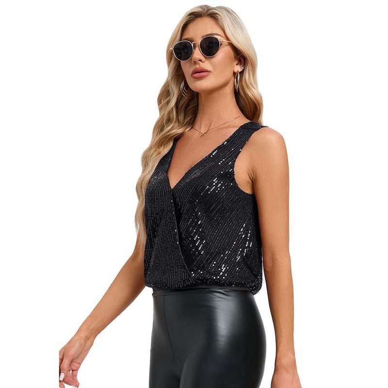 Women's Sparkly Sequin Sleeveless Tank Top - Deep V Backless Sexy Top Wrap Glitter Party Shirt for Holiday, 5 of 9