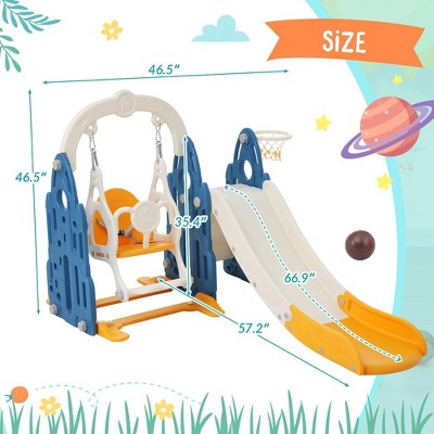 Blue and Orange 4-in-1 Toddler Slide Swing Set with Basketball Hoop