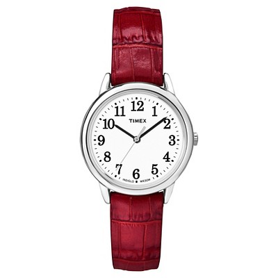 Women s Timex Easy Reader Watch With Leather Strap Silver red