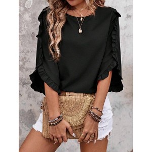 Coolmee 3/4 Length Sleeve Womens Tops Ruffles Sleeve T Shirts Crew Neck Dressy Casual Tunic Blouses - 1 of 4