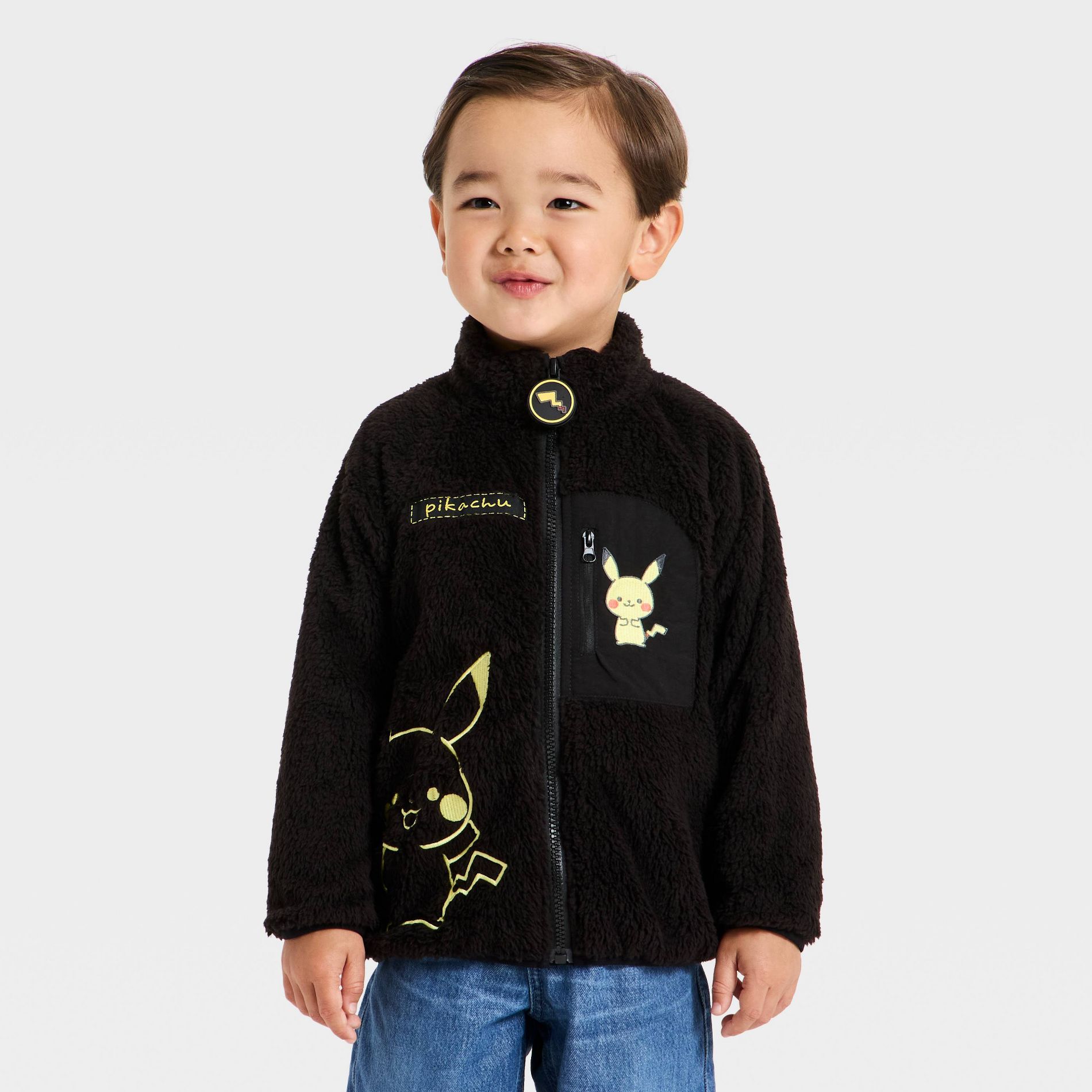Toddler Boys' Pokemon Monpoke Collection Pikachu Faux Shearling Zip-Up Sweatshirt - Black