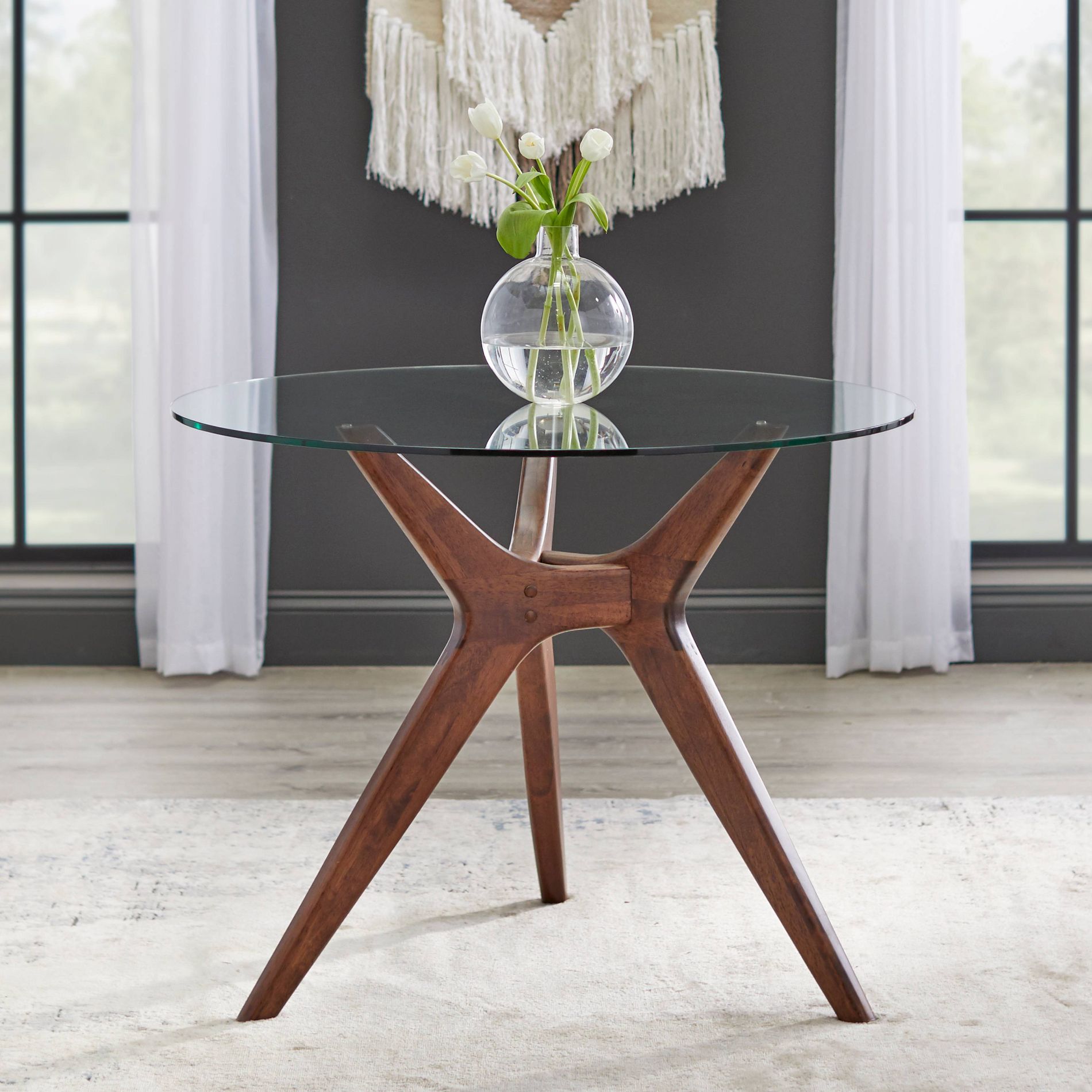 Lifestorey Trita 38" Tempered Glass Round Dining Table Walnut