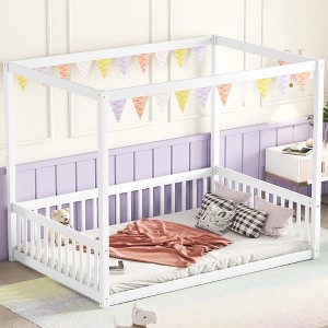 Dolonm Full Size Wooden Canopy Floor Bed with Guardrails, 78.2"L x 57"W x 58.3"H - 1 of 4