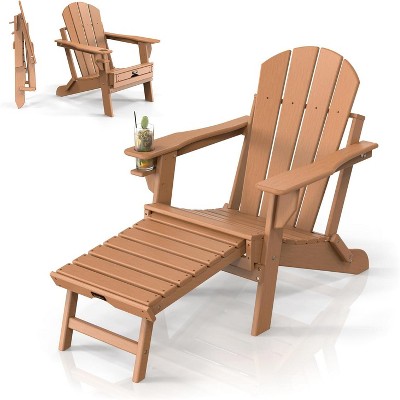 VINGLI Folding Adirondack Chair with Ottoman, Waterproof Plastic HDPE Firepit Chair for Outside with Hidden Footrests