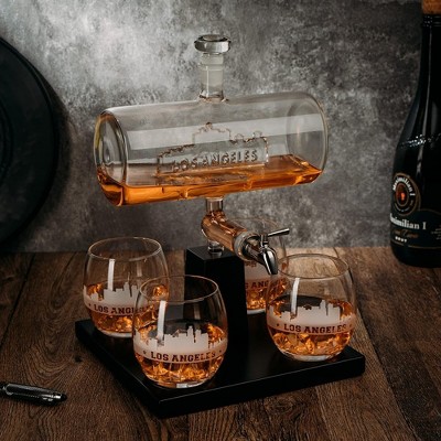 Los Angeles Skyline Glass Decanter Set with Mahogany Base