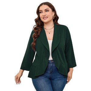 Women's Ruffled Hem Blazer Cardigan, Single-Button Lapel Jacket with 3/4 Sleeves for Casual & Office Wear - 1 of 4