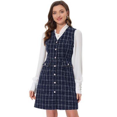 INSPIRE CHIC Women's V Neck Button Front Pockets Vintage Sleeveless Plaid Tweed Pinafore Dress