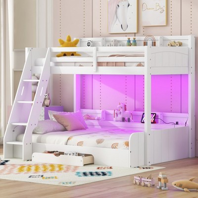 Grungis Twin over Full Loft Bed with Storage Shelves and Drawers,Modern Bunk Bed with LED and Charging Station,Loft and Bunk Bed for Bedroom