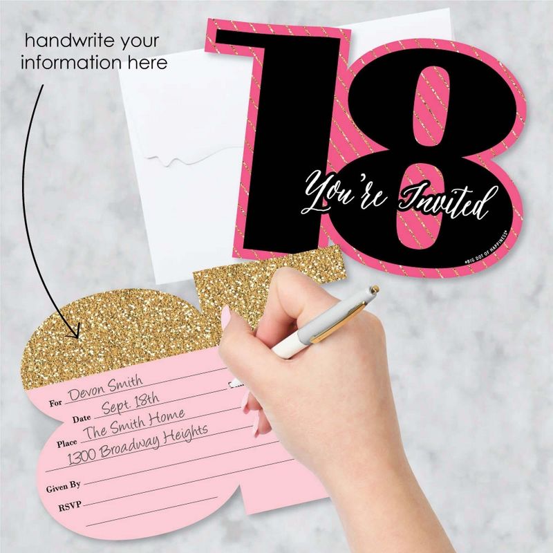 Big Dot of Happiness Chic 18th Birthday - Pink, Black and Gold - Shaped Fill-in Invites - Birthday Party Invitation Cards with Envelopes - Set of 12, 2 of 8