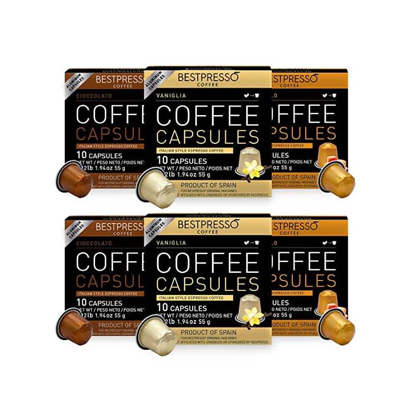 Bestpresso Variety Pack - 120 Genuine Espresso Pods with Caramel, Vanilla & Chocolate Flavors. Compatible with Nespresso Original Machines., 1 of 2