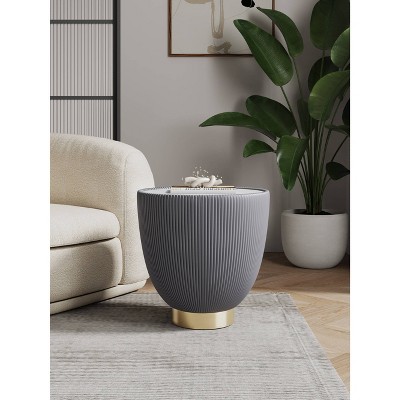 Tiny Round Ridged Stone and Metal Accent Table