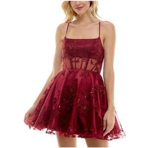 B. DARLIN Womens Sequin Embroidered Corset Fit & Flare Dress, Red, 7/8 - 1 of 1