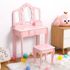 Kids Vanity, Girls Makeup Vanity Set with 3 Mirrors and Light, Brightness Adjustable Wooden Toddler Dressing Table with Stool, Pretend Play Vanity - 1 of 4