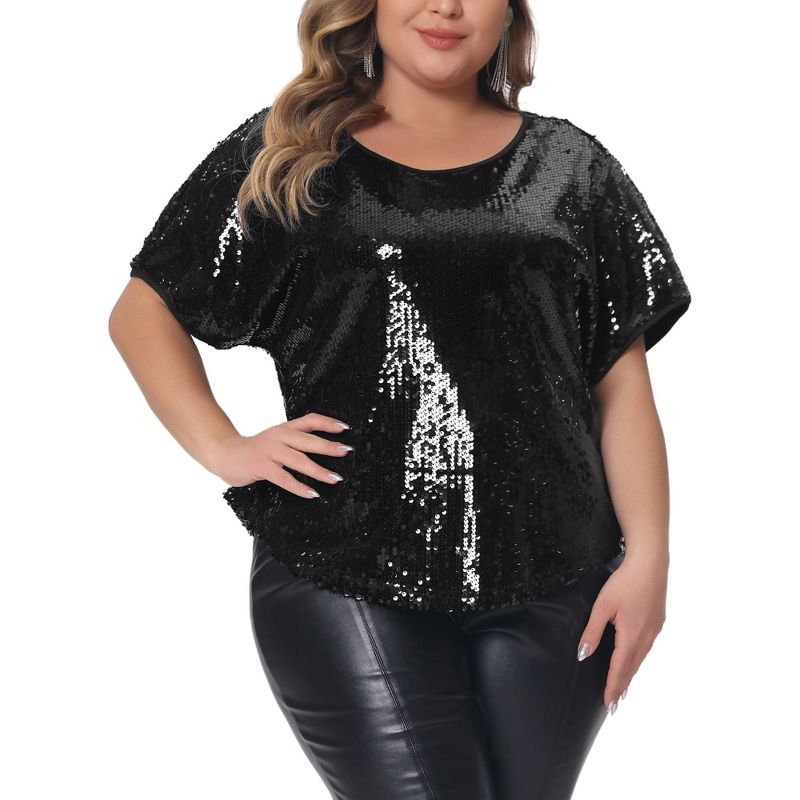 Agnes Orinda Women's Plus Size Allover Sparkle Sequin Glitter Short Sleeve Dressy Party Club Night Blouses, 2 of 6