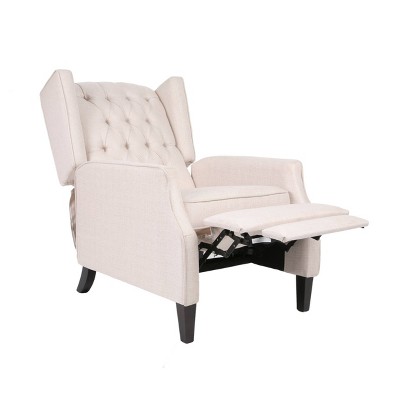 Light Beige Tweed Wingback Recliner with Dark Wood Legs