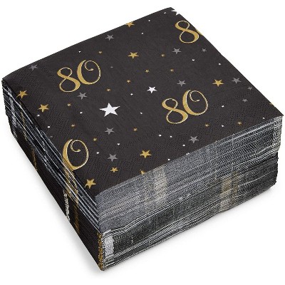 Sparkle and Bash 100-Pack 80th Birthday Party Napkins, Black Gold Disposable Paper Napkin for 80 Years Celebration