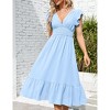 Women's Summer V Neck Short Sleeve Dress High Waist A line Dress Flowy Ruffle Shirred Swing Midi Dresses - 3 of 4