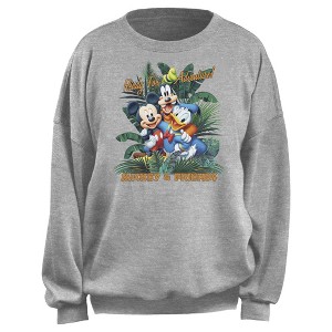 Junior's Mickey & Friends Ready For Adventure Tropical Group Sweatshirt - 1 of 2