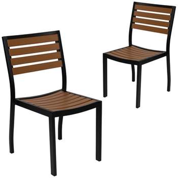 Emma and Oliver 2 Pack Outdoor Faux Teak Side Chair with Poly Slats - Teak Patio Chair